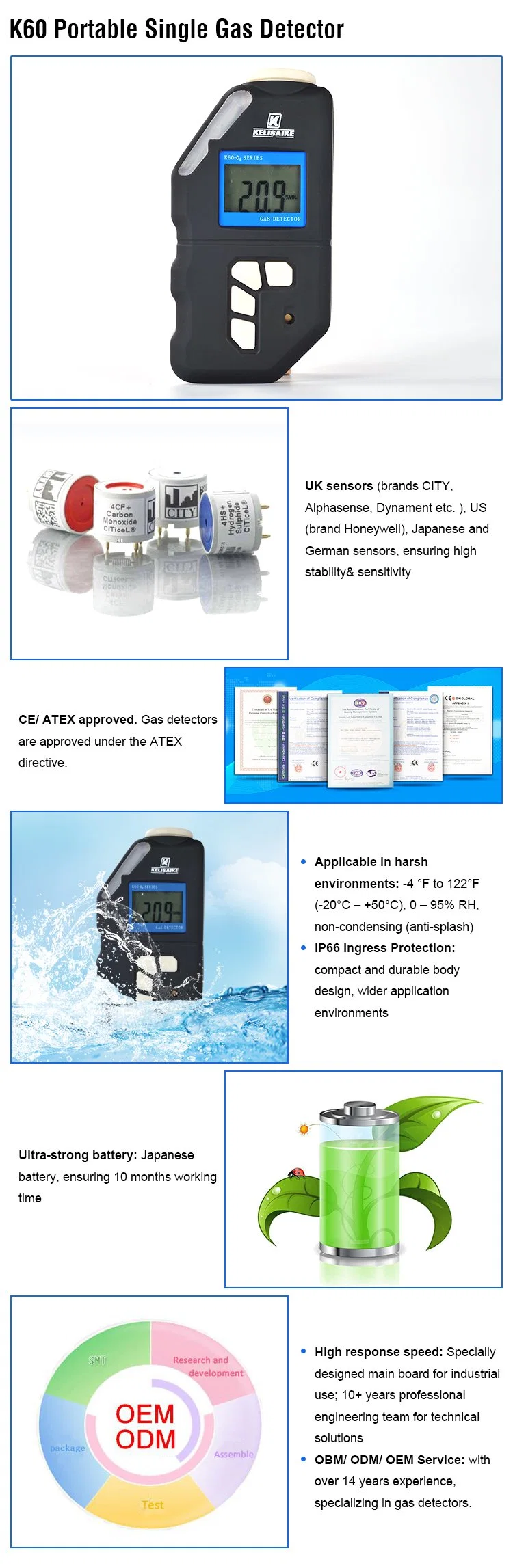 K60b Portable Gas Detector IP66 Industrial Use