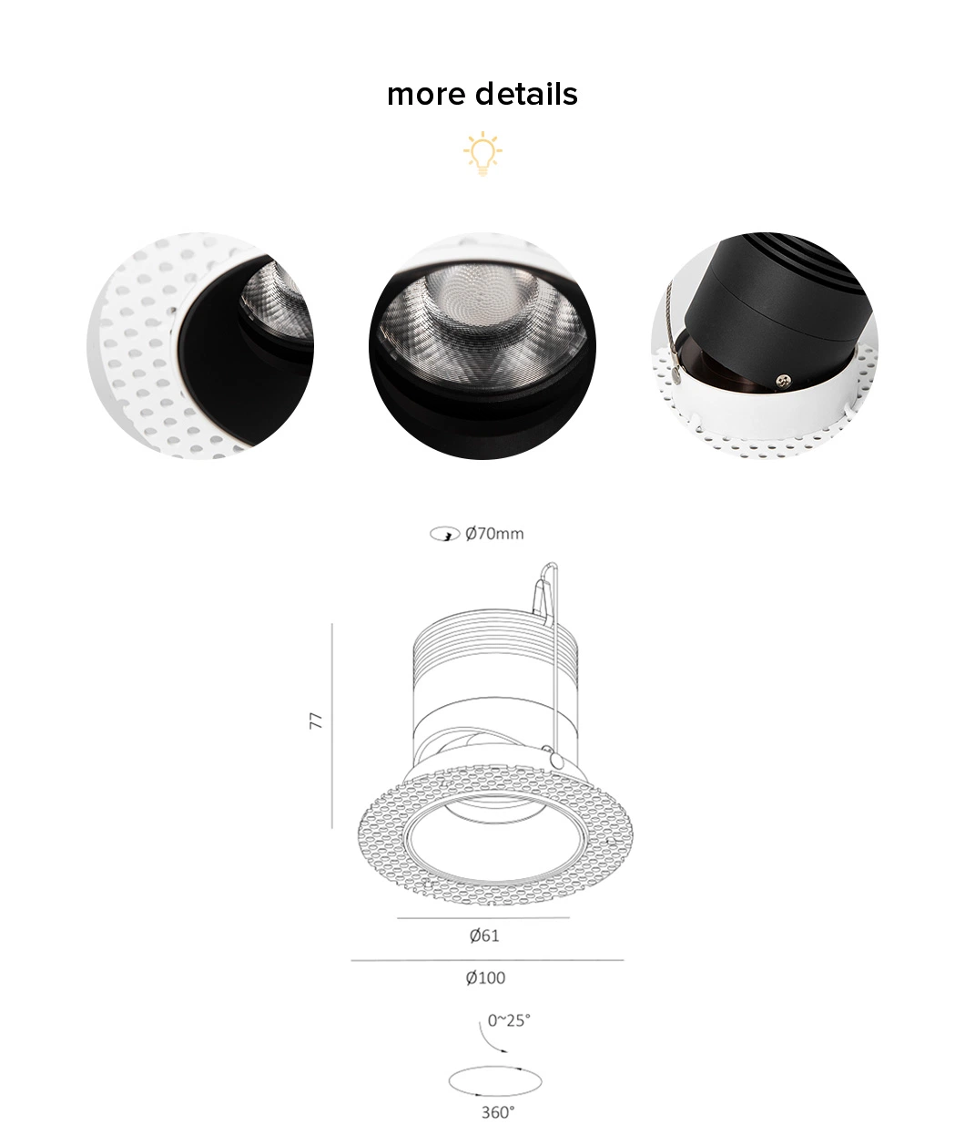 IP65 Dia. 60mm 10W Trimless Recessed Abjustable LED Downlight